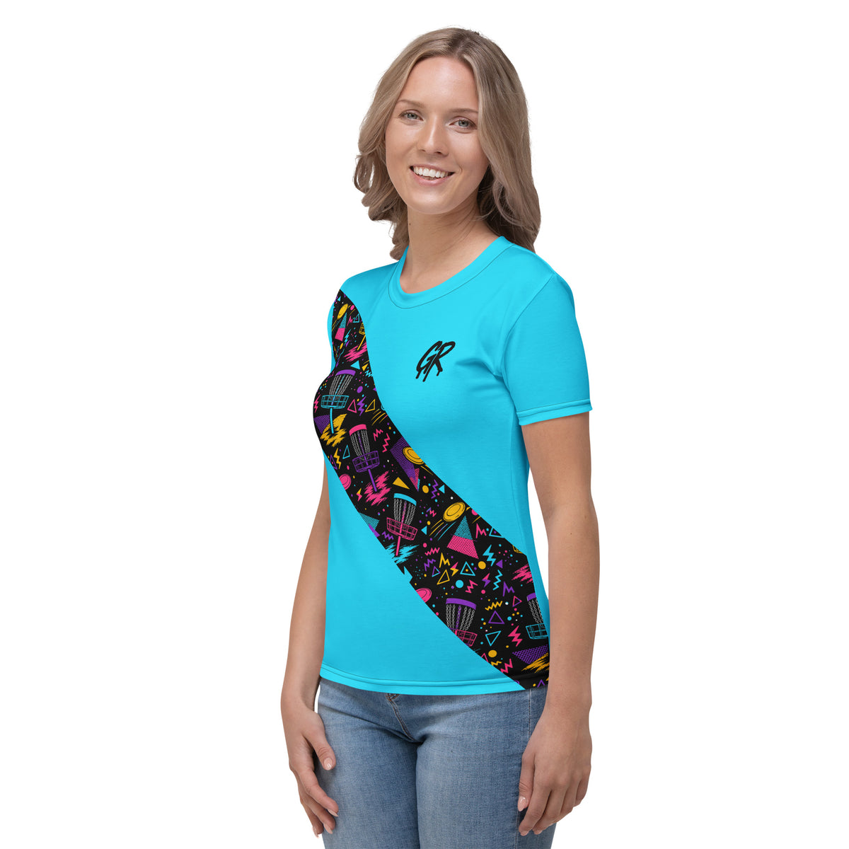 Garvey Rd. Disc Golf 'Retro Runs' women's jersey tee in cyan, model wearing, left side