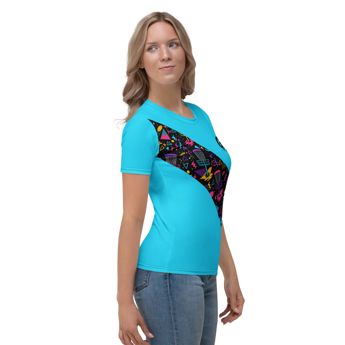 Garvey Rd. Disc Golf 'Retro Runs' women's jersey tee in cyan, model wearing, right side