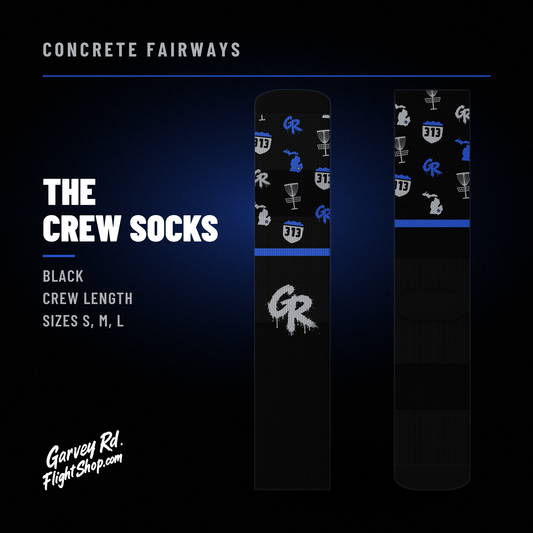 Concrete Fairways crew socks graphic: black socks with royal and gray 313 and Michigan band, drip GR; sizes S, M, L