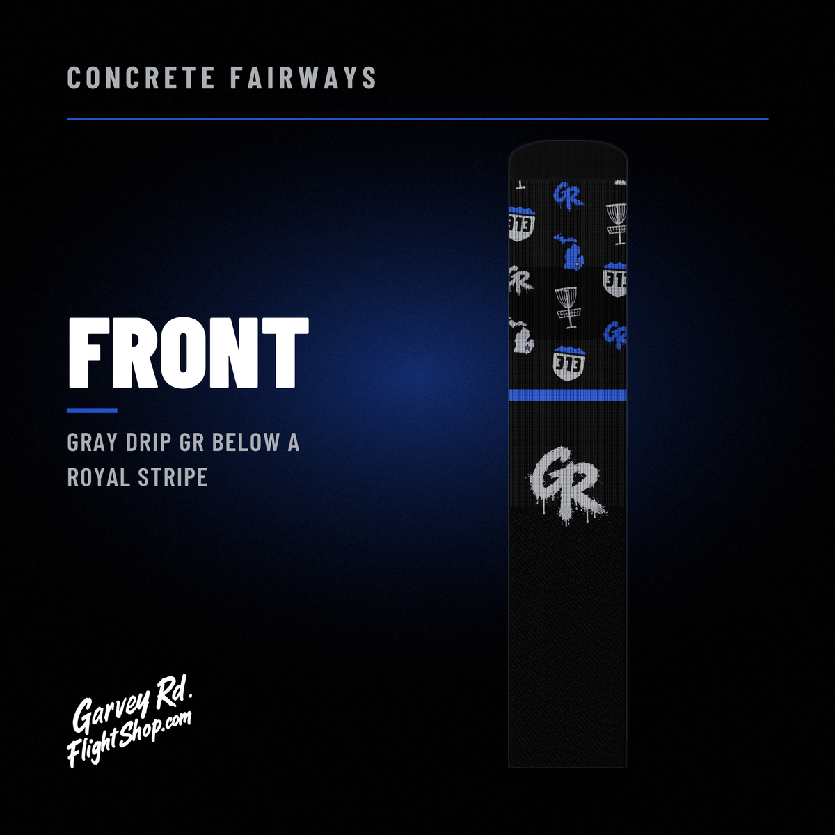 Concrete Fairways crew sock front graphic: gray drip GR below a royal stripe on black