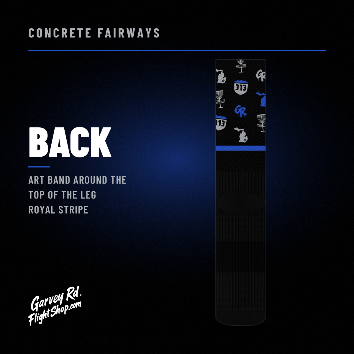 Concrete Fairways crew sock back graphic: art band around top of leg with royal stripe