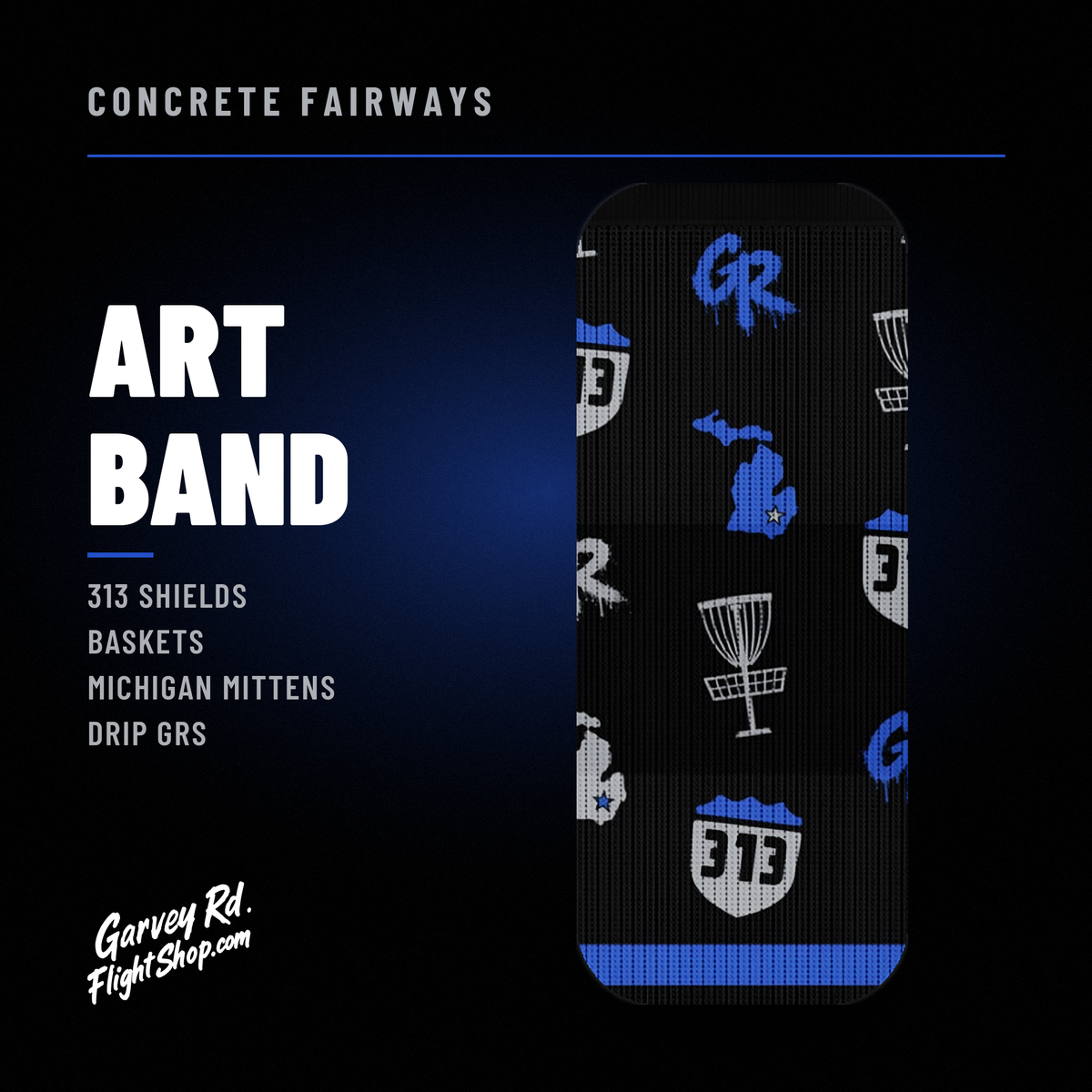 Close-up of Concrete Fairways sock art band: 313 shields, baskets, Michigan mittens, drip GRs in royal and gray
