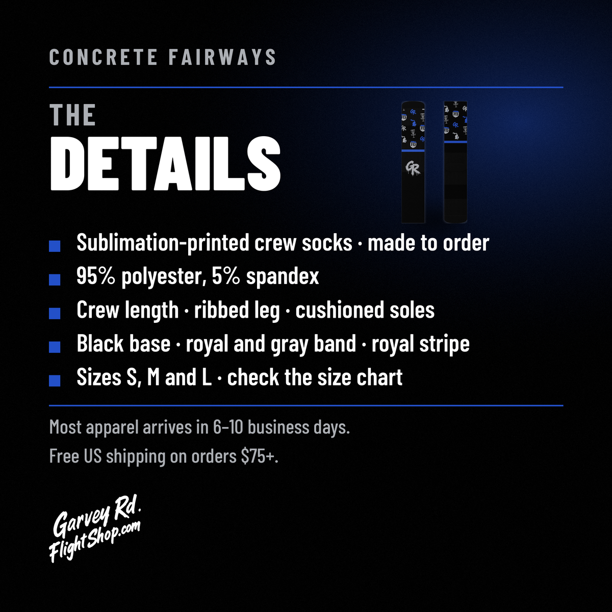 Concrete Fairways crew socks details: 95% polyester, 5% spandex, ribbed leg, cushioned soles, sizes S, M, L