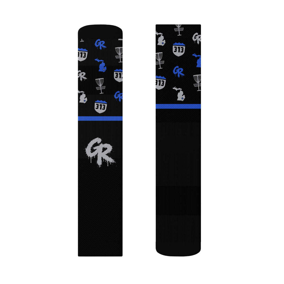 Concrete Fairways crew sock, size L left, front and back: royal and gray 313 and Michigan band, royal stripe, gray drip GR