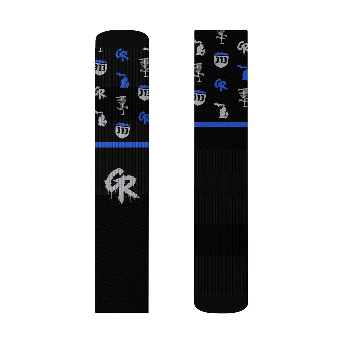 Concrete Fairways crew sock, size M left, front and back: royal and gray 313 and Michigan band, royal stripe, gray drip GR
