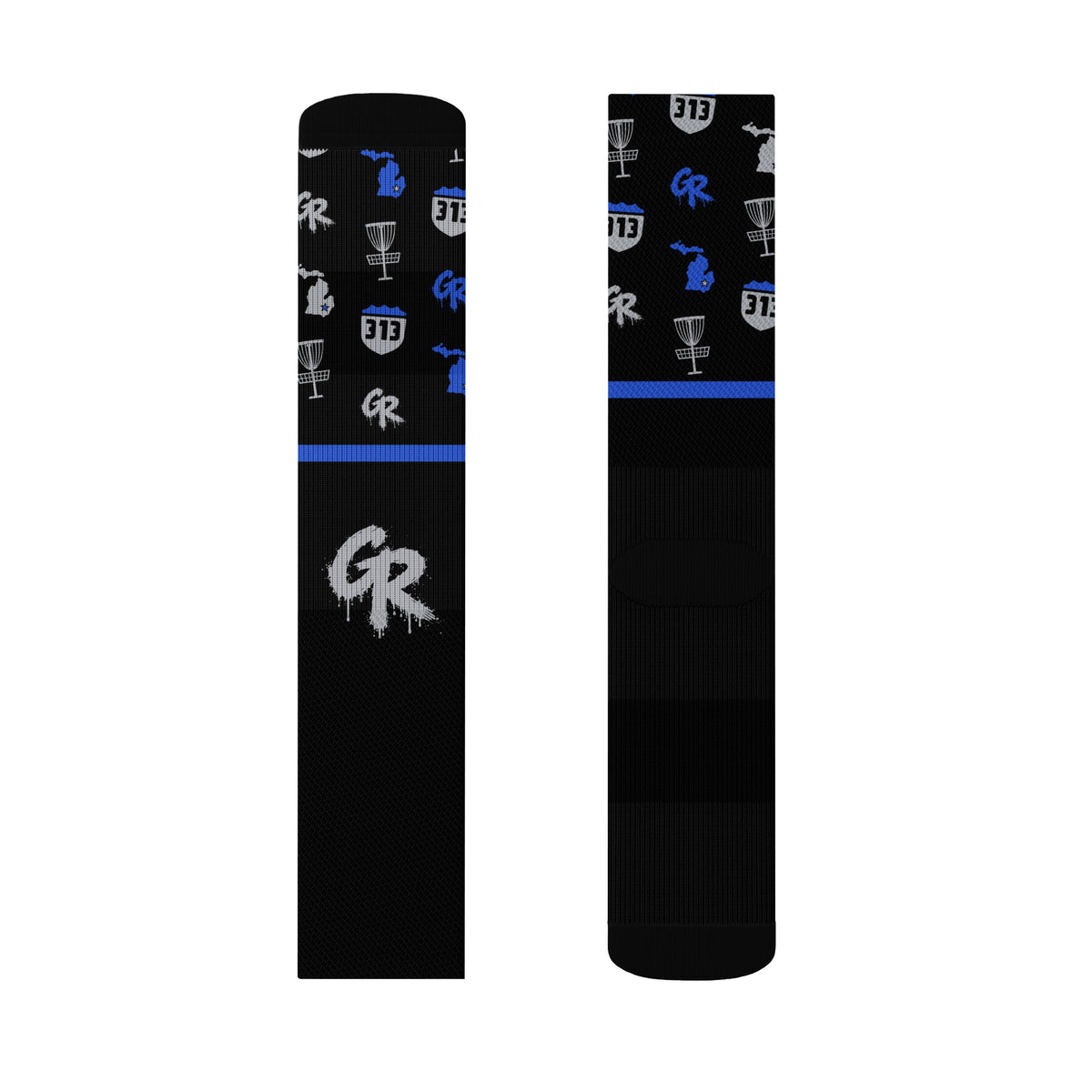 Concrete Fairways crew sock, size M right, front and back: royal and gray 313 and Michigan band, royal stripe, gray drip GR