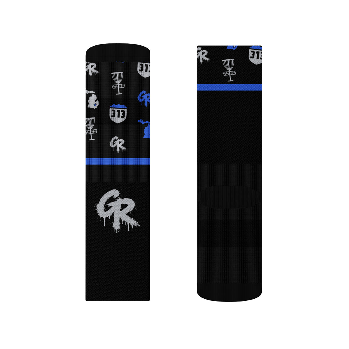 Concrete Fairways crew sock, size S right, front and back: royal and gray 313 and Michigan band, royal stripe, gray drip GR