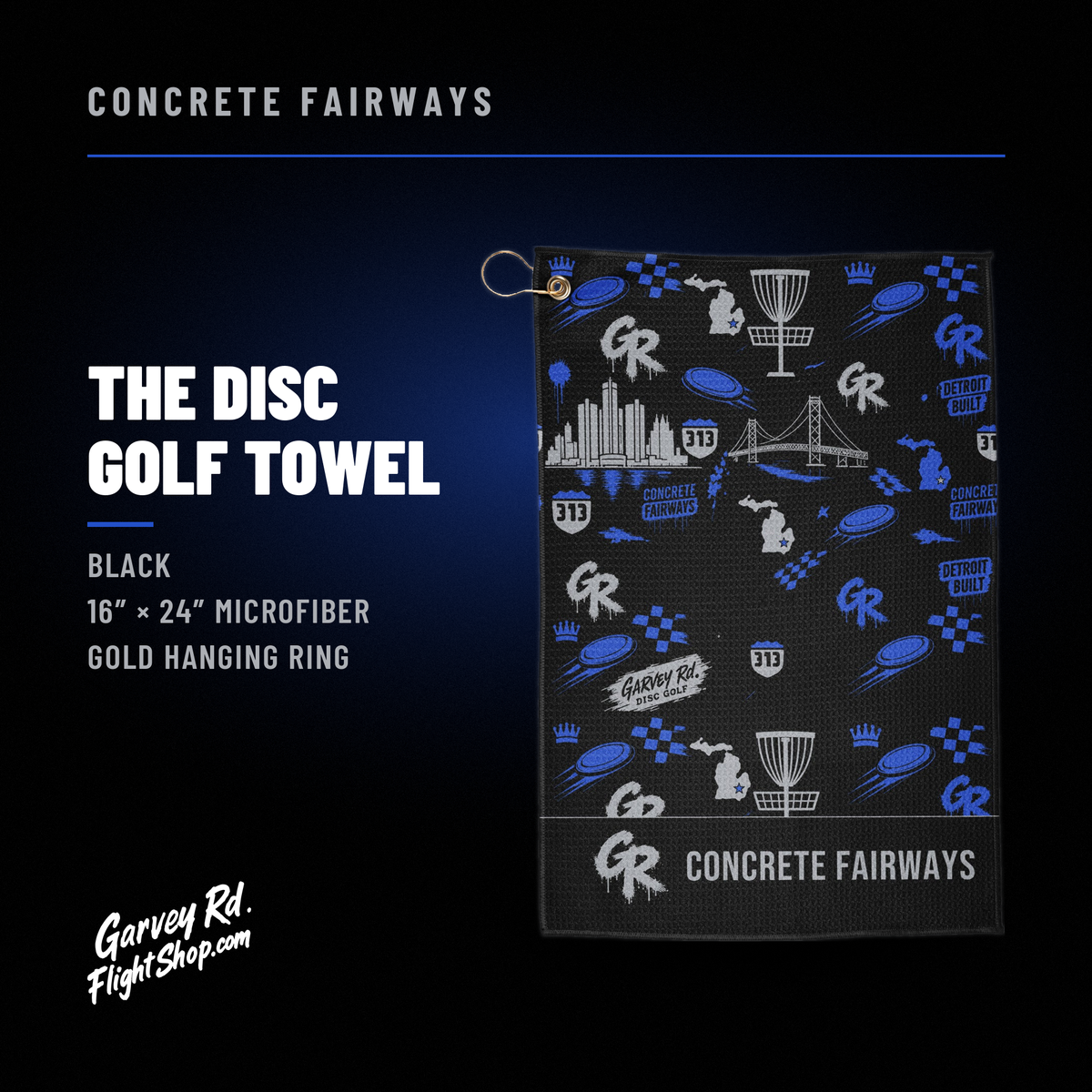 Concrete Fairways disc golf towel graphic: black 16x24 microfiber towel with royal blue Detroit art and gold hanging ring