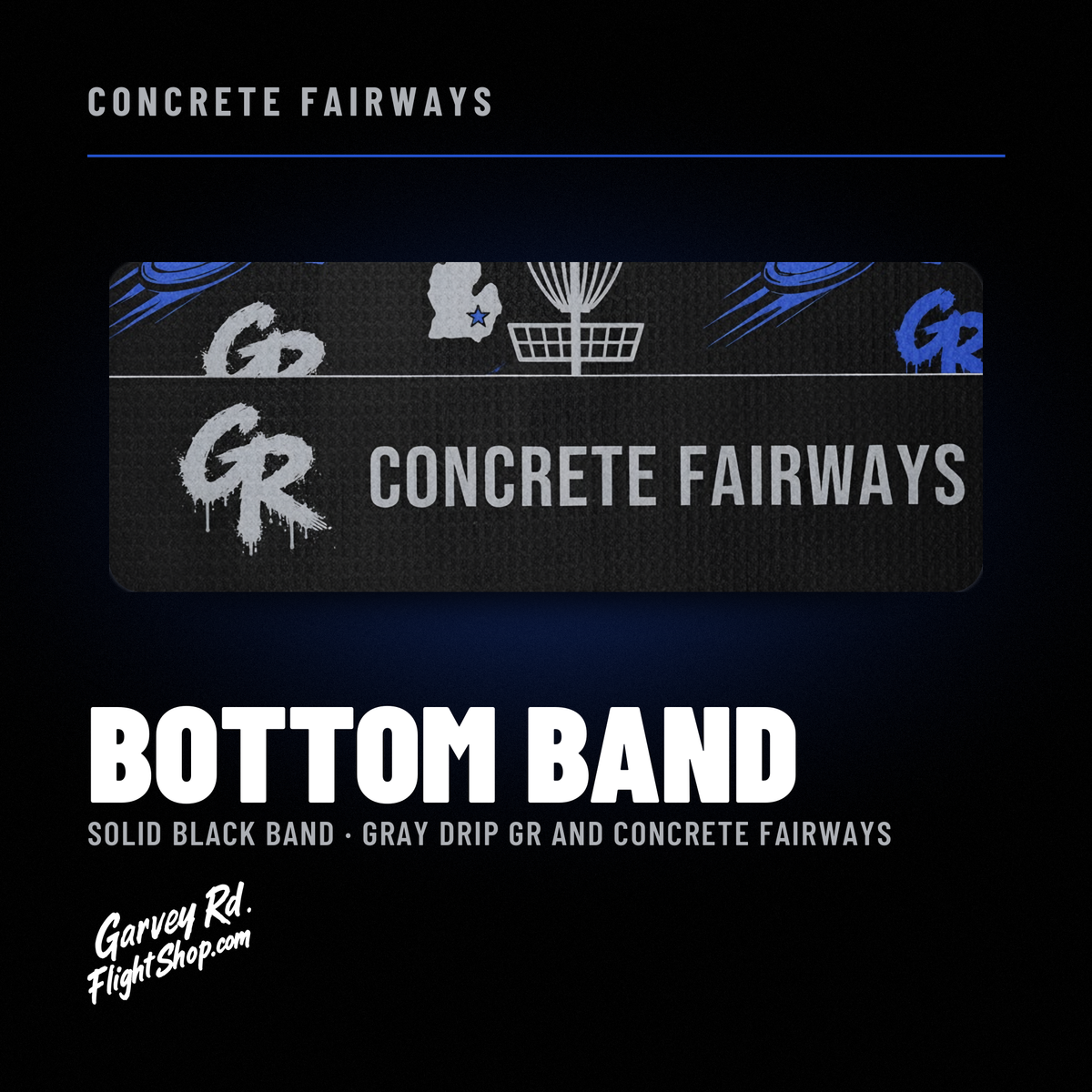 Towel bottom band: solid black band with gray drip GR logo and Concrete Fairways text