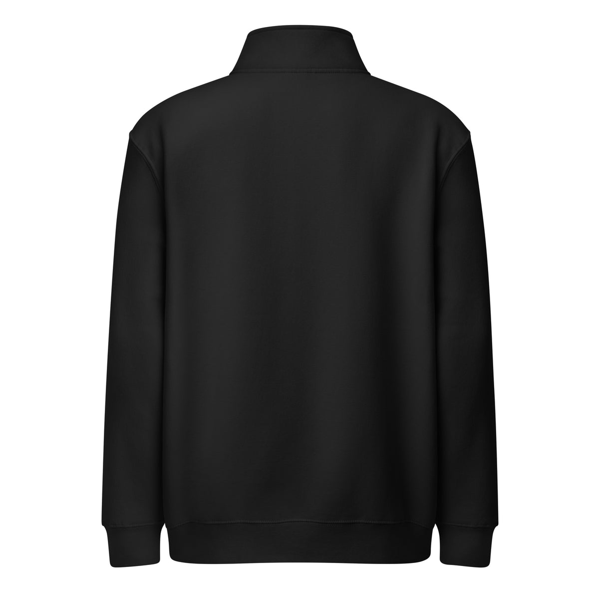 Back of the black Concrete Fairways quarter-zip, plain with no embroidery, showing the mock neck and ribbed waistband