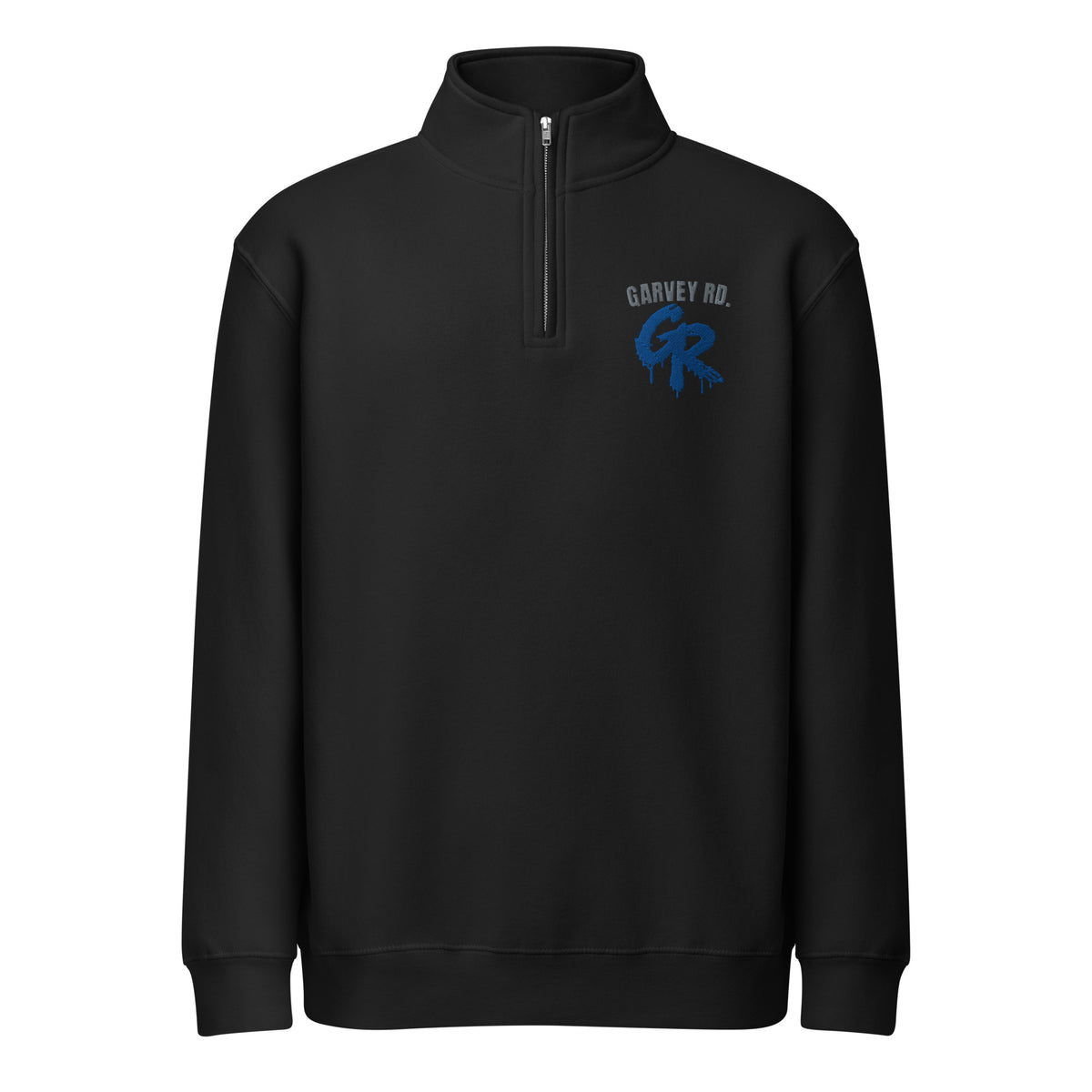 Concrete Fairways quarter-zip in black with arched gray GARVEY RD. over a royal drip GR on the left chest, front view