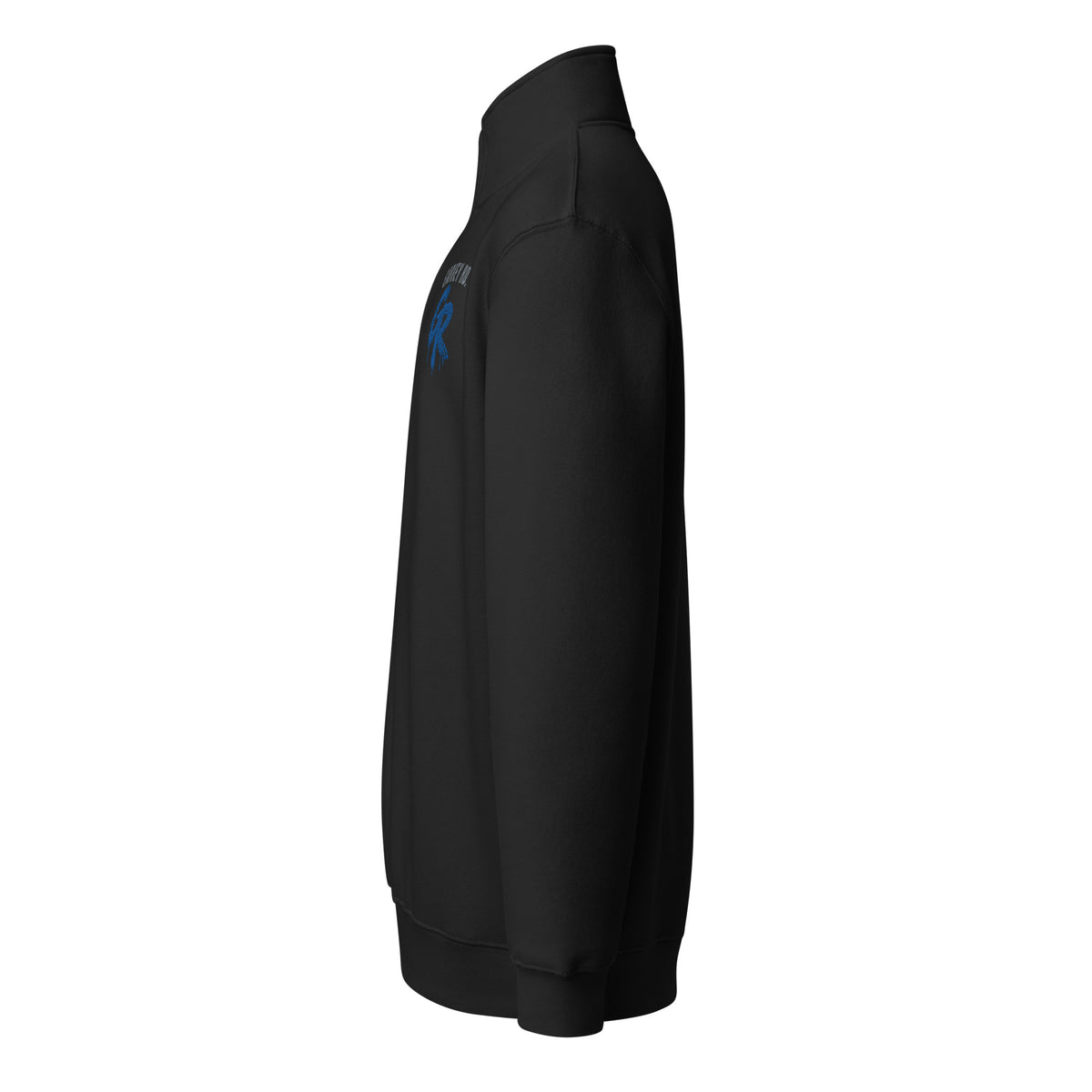 Black Concrete Fairways quarter-zip, left side view with the GARVEY RD. and royal drip GR chest embroidery visible