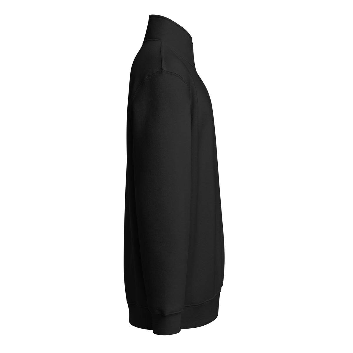 Black Concrete Fairways quarter-zip, right side view showing the mock neck collar and ribbed cuff