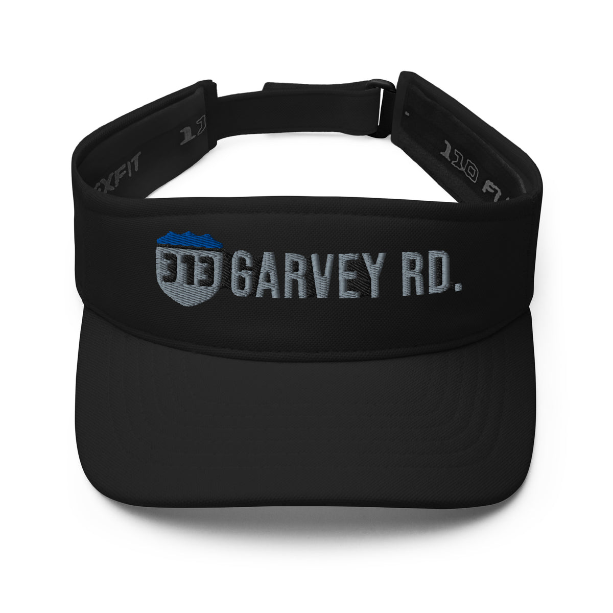 Concrete Fairways women's disc golf visor in black with embroidered 313 shield and gray GARVEY RD. lettering, front view