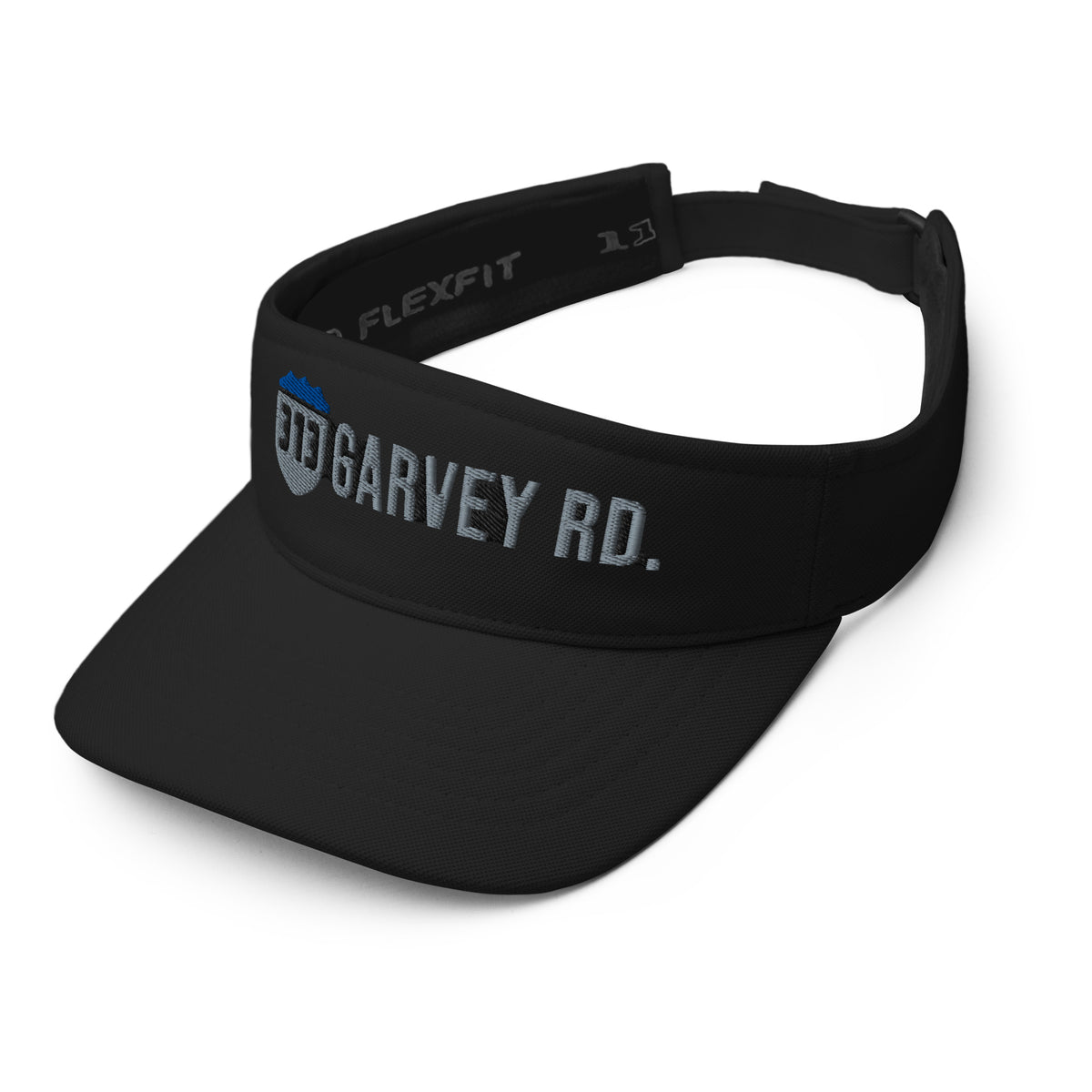 Black Concrete Fairways visor, front-left angle showing the 313 shield and GARVEY RD. embroidery