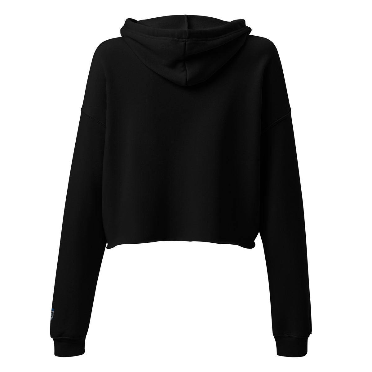 Back of the black Concrete Fairways women's cropped hoodie: plain back, hood and raw cropped hem