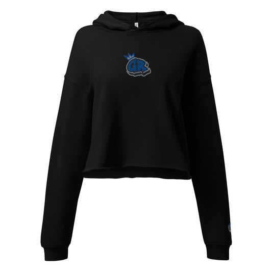 Front of the black Concrete Fairways women's cropped hoodie with an embroidered royal and gray crowned GR on the chest