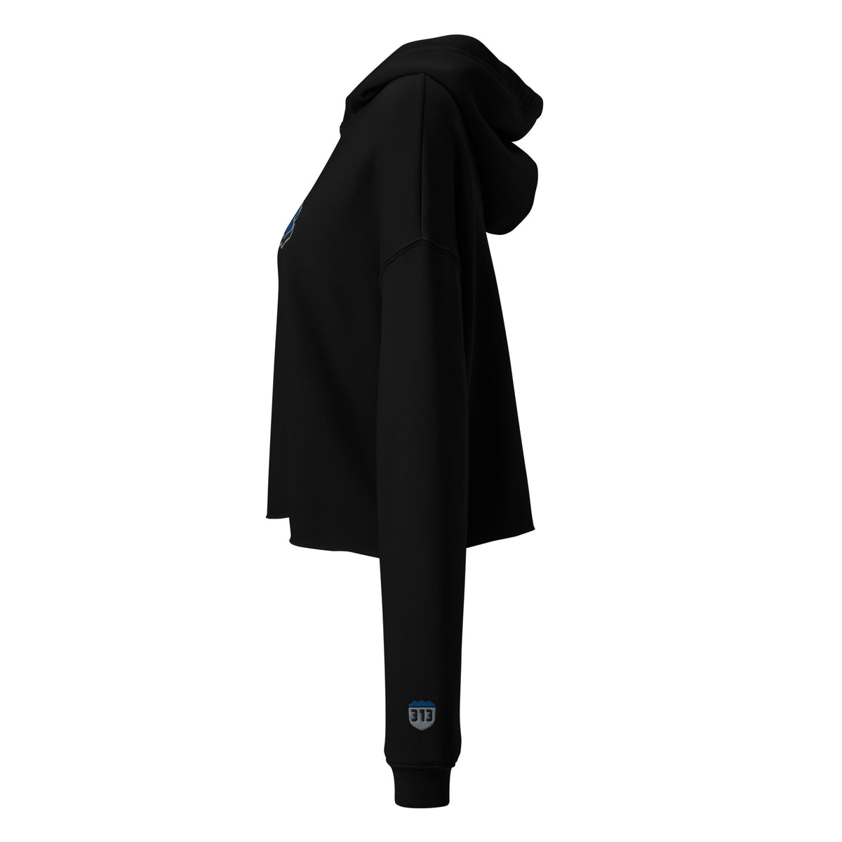 Left side of the black Concrete Fairways women's cropped hoodie with the embroidered gray 313 shield on the left wrist