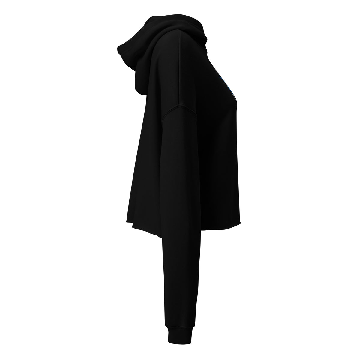 Right side of the black Concrete Fairways women's cropped hoodie showing the hood, dropped shoulder and cropped raw hem