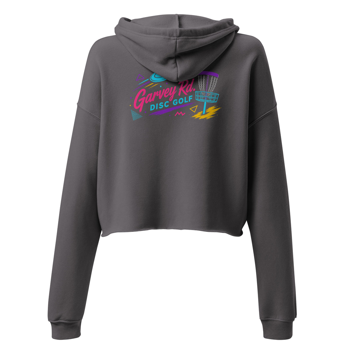 Back of the Storm gray Retro Runs women's cropped hoodie with the pink, cyan, purple and yellow Retro Runs logo