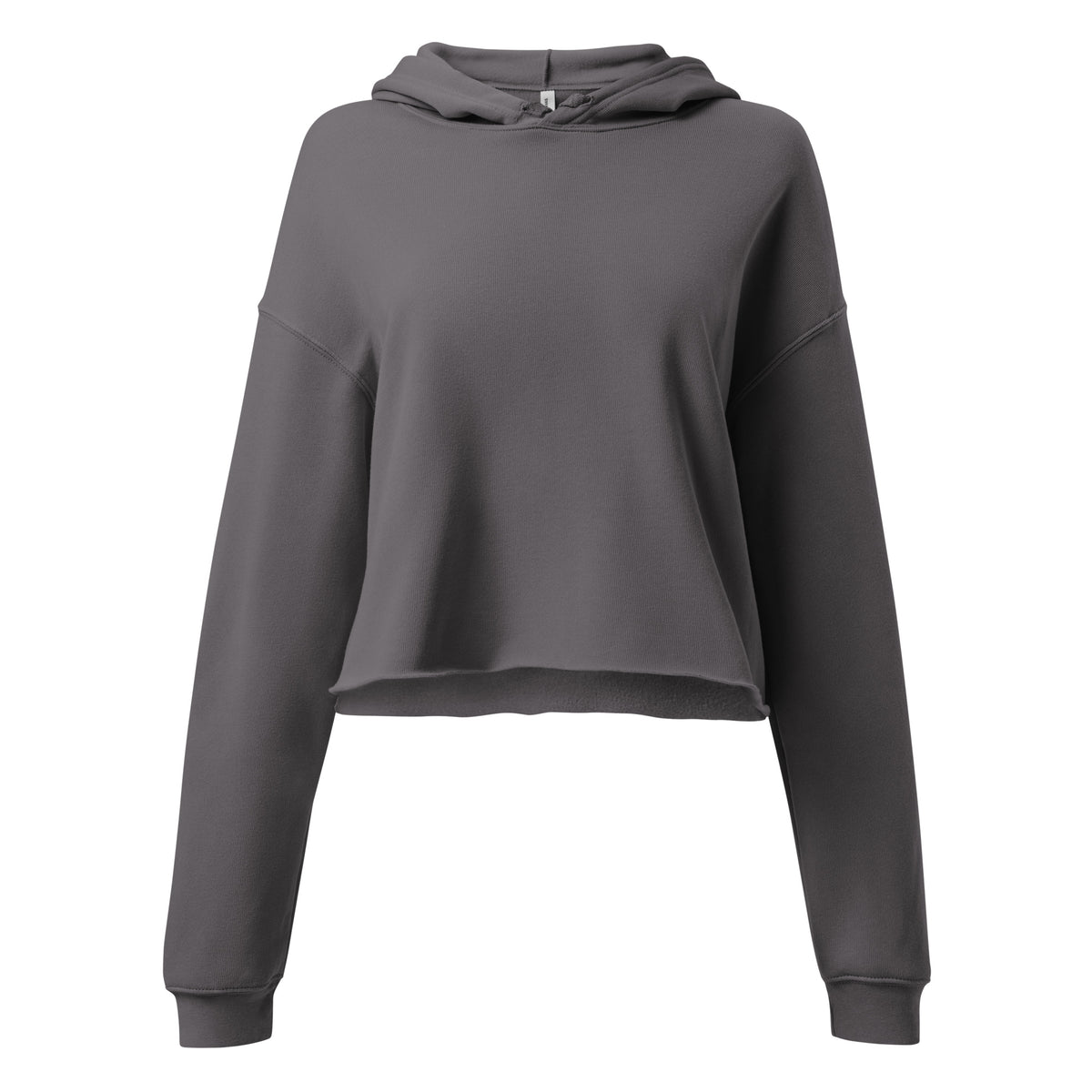 Front of the Storm gray Retro Runs women's cropped hoodie: plain front, hood and raw cropped hem