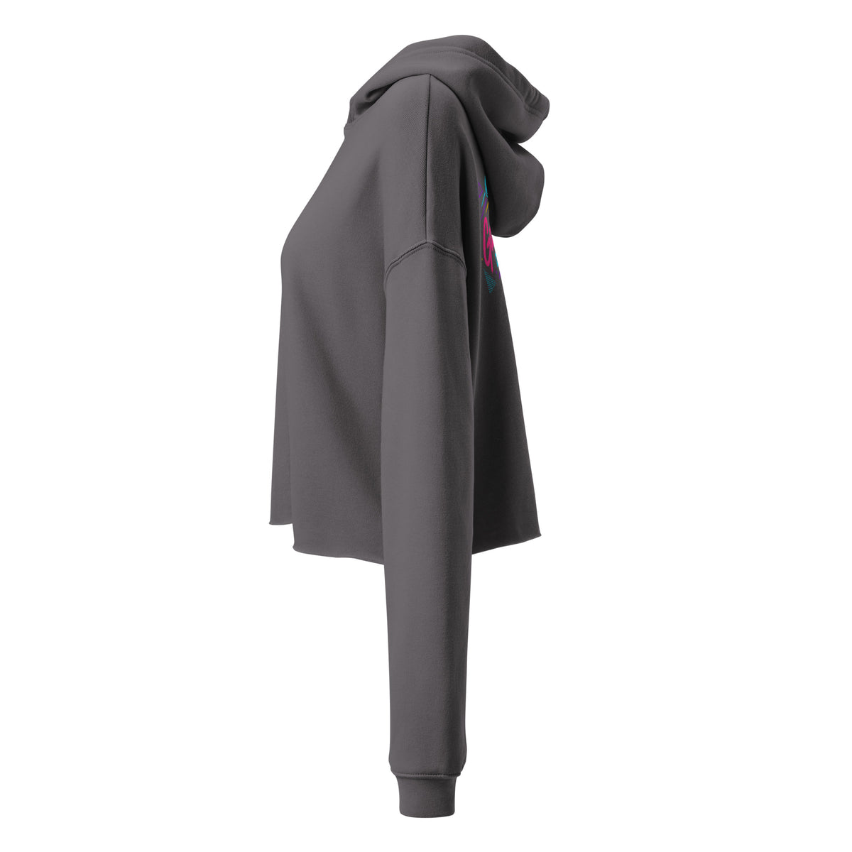 Left side of the Storm gray Retro Runs women's cropped hoodie showing the hood, dropped shoulder and raw hem