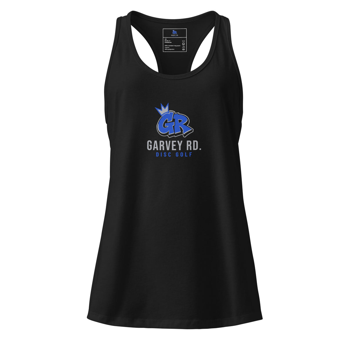 Black women's racerback tank with a royal and gray crowned GR, GARVEY RD. and DISC GOLF logo on the chest