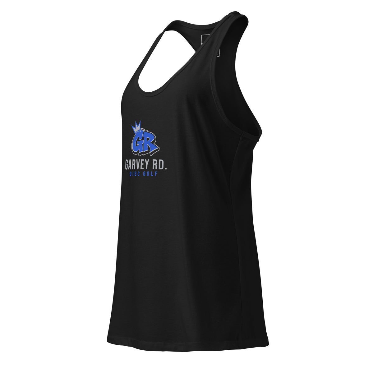Left front angle of the black Concrete Fairways women's racerback tank with the crowned GR chest logo