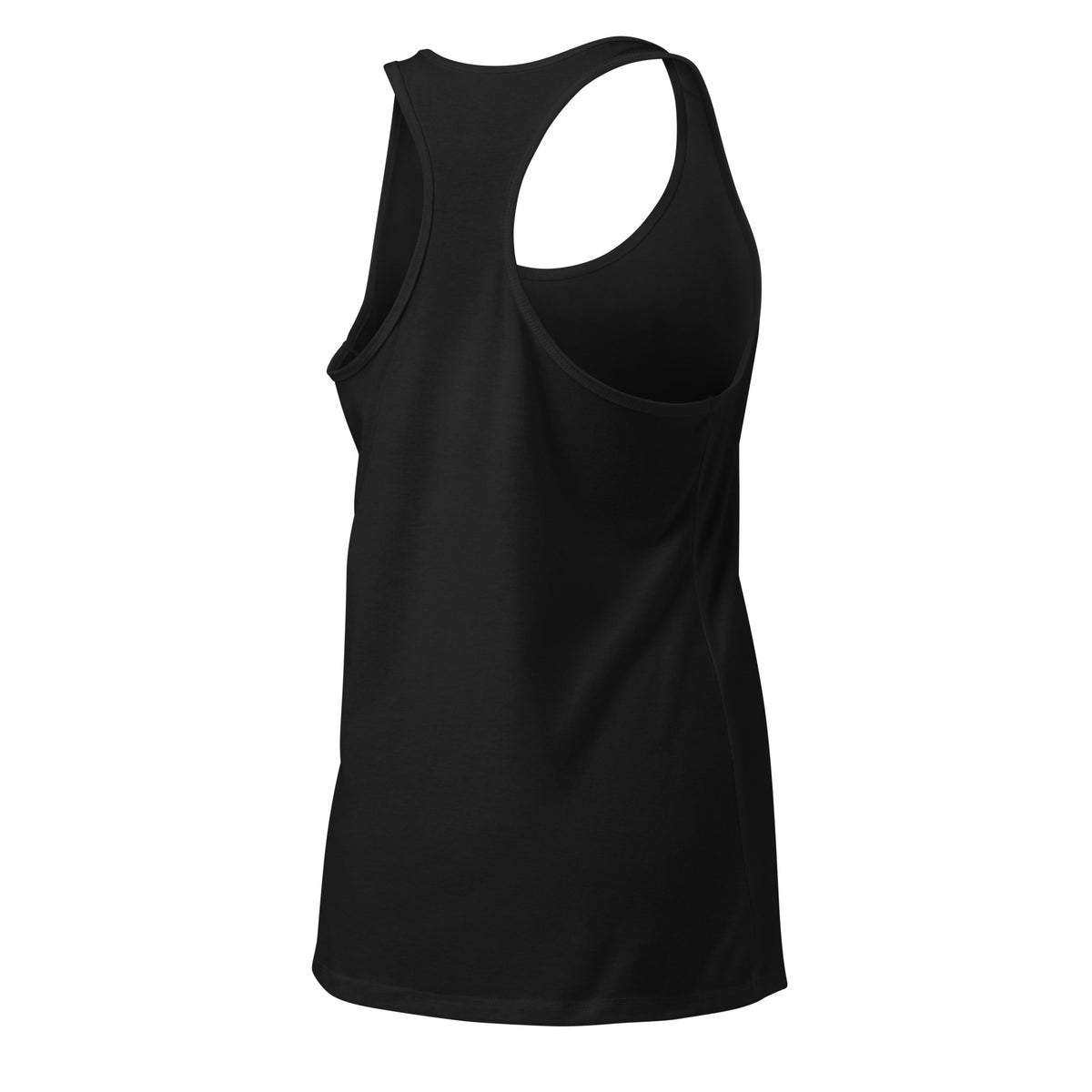 Right back angle of the black Concrete Fairways women's racerback tank showing the racerback cut