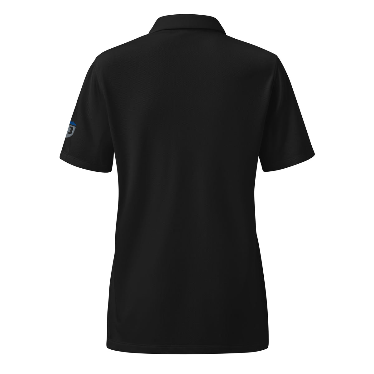 Back of the black Concrete Fairways women's disc golf polo, plain back with the 313 shield showing on the sleeve