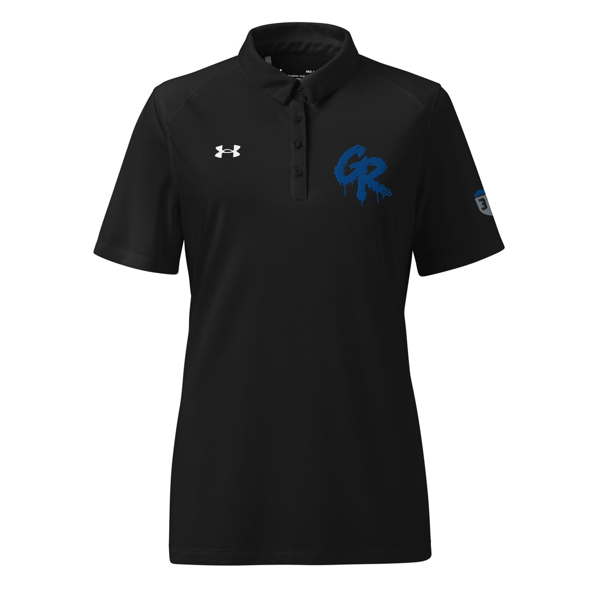 Front of the black Concrete Fairways women's disc golf polo with a royal blue embroidered drip GR on the left chest
