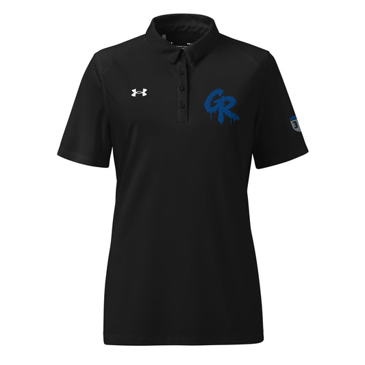 Front of the black Concrete Fairways women's disc golf polo with a royal blue embroidered drip GR on the left chest