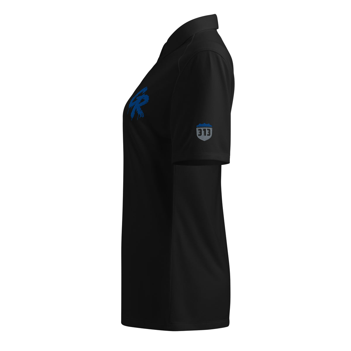 Side view of the black Concrete Fairways women's polo with the embroidered gray 313 shield and royal crown on the left sleeve